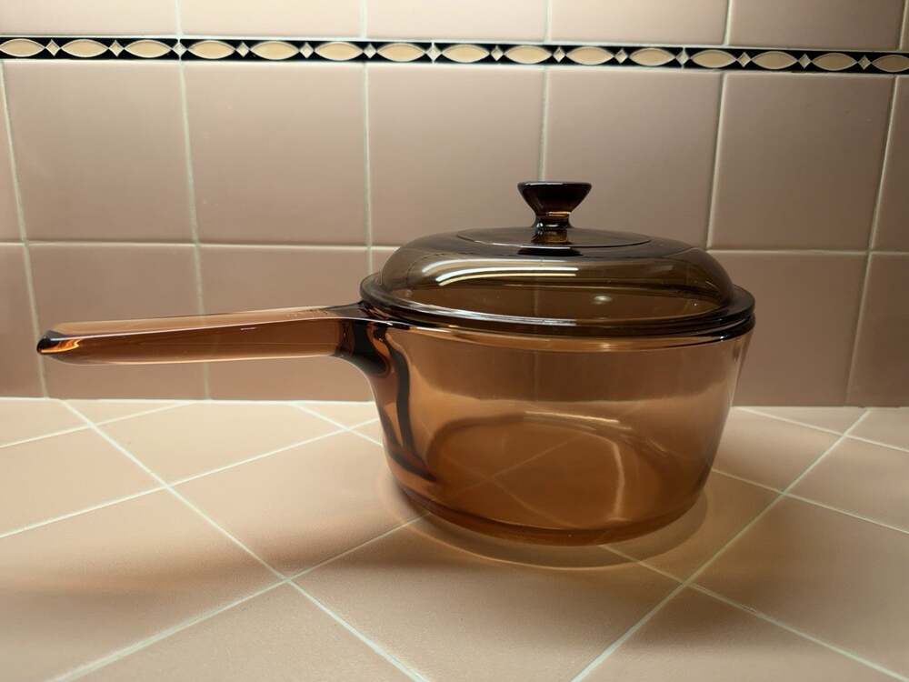 Vintage 1980s Corning Visions Amber Glass 1.5L Saucepan Pot w/Lid USA
